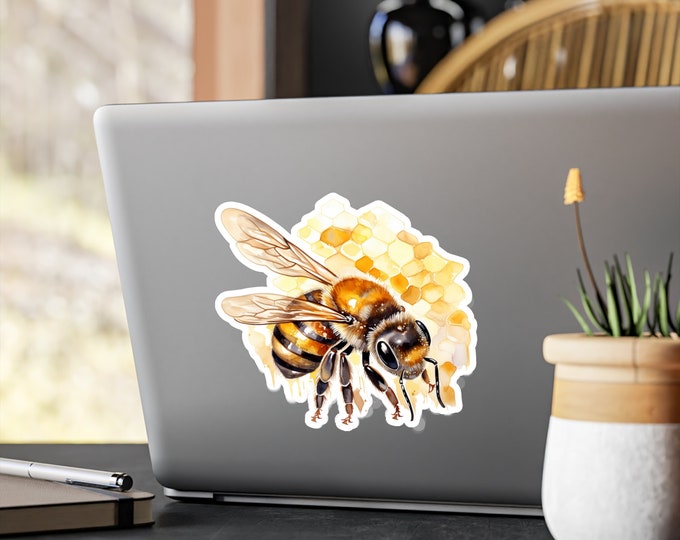 Watercolor Honeybee Vinyl Decal, Satin Finish Sticker, Boho Bejeweled Bee Laptop Sticker, Window Decal, Water Bottle Decal, 4 Sizes