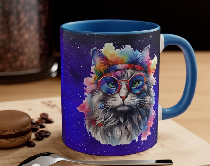 Ceramic Coffee Mug, 11oz Boho Coffee Cup, Hippie Galaxy Cat Animal Drink Mug, Choose from 5 Colors!