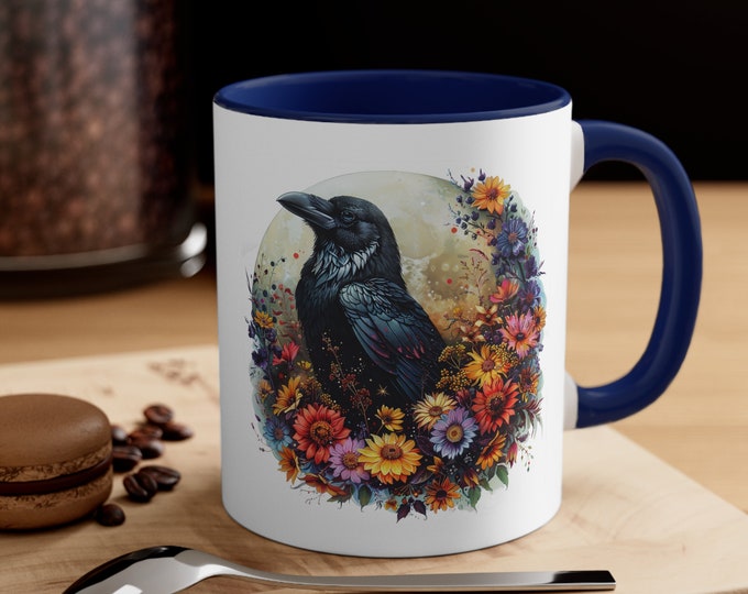 Ceramic Coffee Mug, 11oz Boho Coffee Cup, Witchy Raven with Flowers Drink Mug, Choose from 5 Colors!