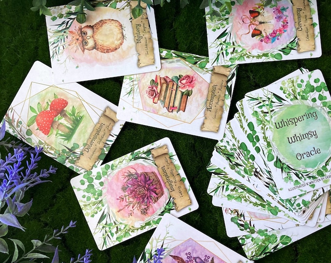 The Whispering Whimsy Oracle Deck, (49 Cards Poker Size Oracle Deck), Handcrafted Custom Watercolor Botanical Inspired Oracle Card Deck