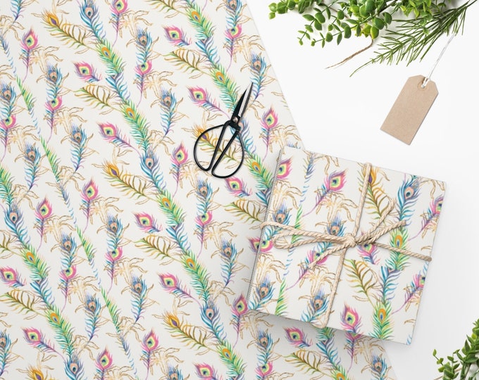 Peacock Feathers Wrapping Paper, Two Sizes, Sustainably Sourced, Party Supplies, Anniversary Birthday Gift Wrap, Boho Floral Wrapping Paper