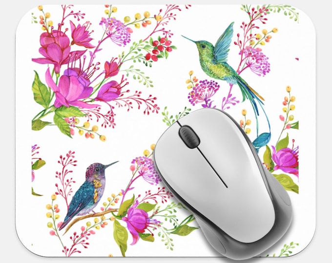 Hummingbird Mouse Pad, Flower Mouse Pad, Computer Accessories, Tech Supplies, Boho Bohemian Hippie Mouse Pad, Neoprene Non Slip Mouse Pad