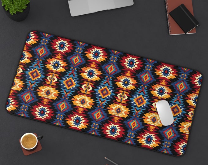 LARGE Tribal Aztec Design Desk Mat, 3 Sizes Non Slip Desk Pad, Office Computer Tech Supplies, Boho Bohemian Hippie Neoprene Desk Mat