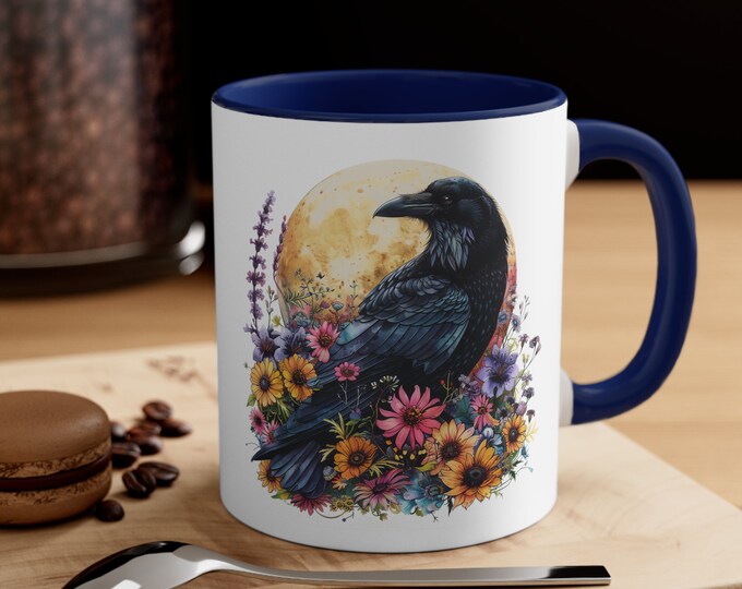 Ceramic Coffee Mug, 11oz Boho Coffee Cup, Raven with Flowers Drink Mug, Choose from 5 Colors!