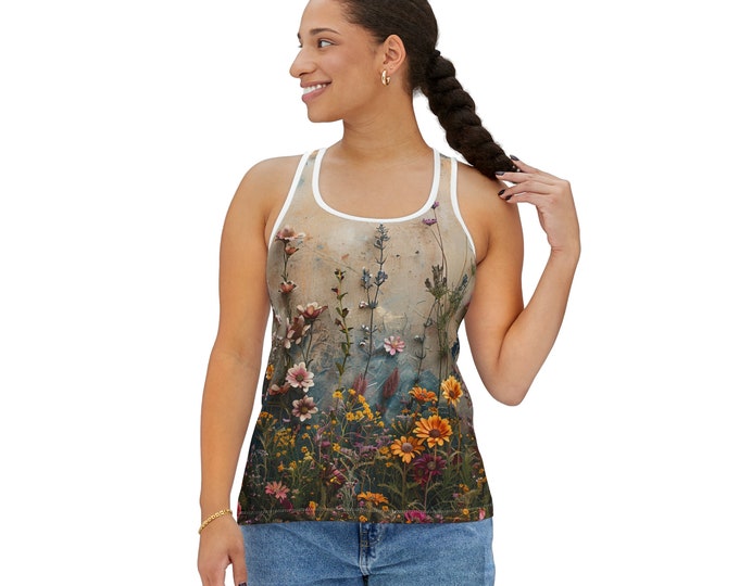 Women's Racerback Tank Top, Floral Tank Top, Silky Polyester Spandex Flowy Tank, Sporty Tank Top, Sizes S-2XL