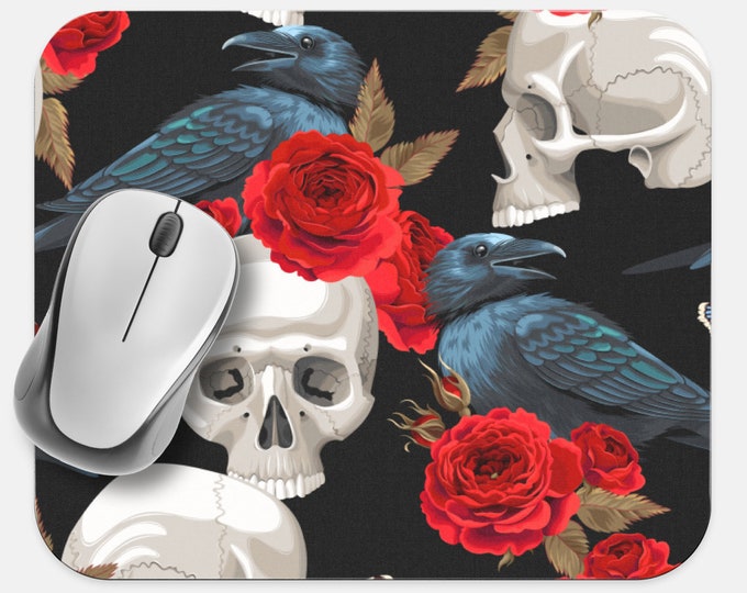 Roses Raven Skull Mouse Pad, Computer Accessories, Tech Desk Supplies, Boho Bohemian Hippie Mouse Pad, Neoprene Non Slip Mouse Pad