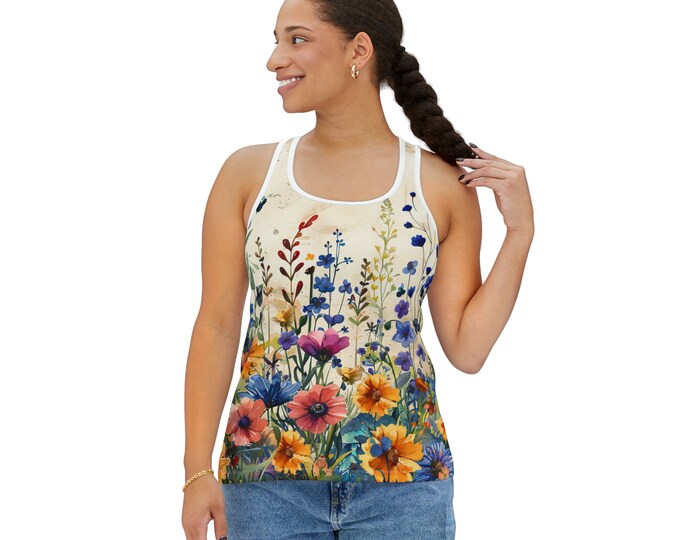 Women's Racerback Tank Top, Floral Tank Top, Silky Polyester Spandex Flowy Tank, Sporty Tank Top, Sizes S-2XL