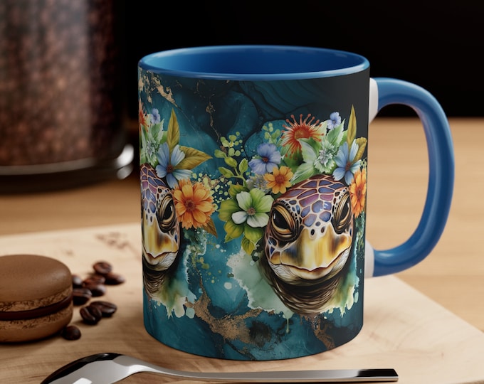 Ceramic Coffee Mug, 11oz Boho Coffee Cup, Sea Turtle with Flowers Animal Drink Mug, Choose from 5 Colors!