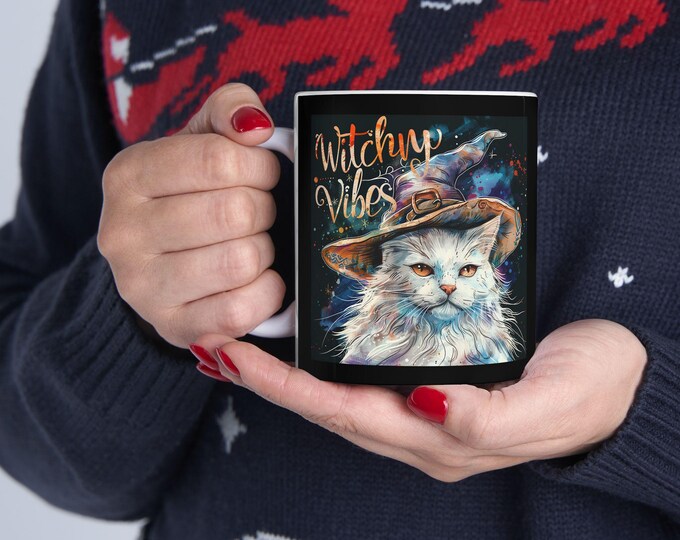 Witchy Vibes Ceramic Coffee Mug, 11oz 15oz Boho Coffee Cup, Hippie Design Drink Mug, Psychic Witchy Cat Mug