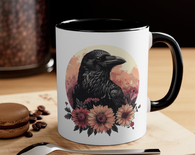 Ceramic Coffee Mug, 11oz Boho Coffee Cup, Raven with Roses Drink Mug, Choose from 5 Colors!