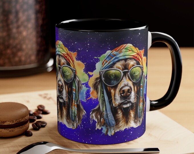 Ceramic Coffee Mug, 11oz Boho Coffee Cup, Hippie Galaxy Dog with Sunglasses Drink Mug, Choose from 5 Colors!