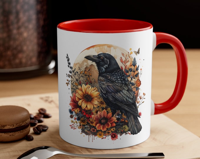 Ceramic Coffee Mug, 11oz Boho Coffee Cup, Raven with Flowers Drink Mug, Choose from 5 Colors!