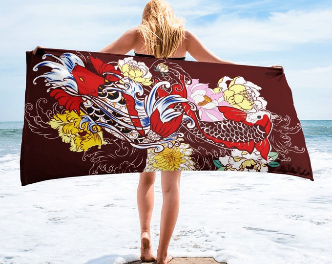 Large Beach Towel, 30 x 60 Inch Towel, Bath Towel, Japanese Koi Fish Towel, Custom Print Towel, Asian Art Designer Towel, Premium Towel