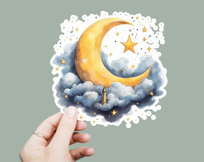 Dreamy Celestial Vinyl Decal, Satin Finish Sticker, Crescent Moon Stars Laptop Sticker, Window Decal, Water Bottle Decal, 4 Sizes