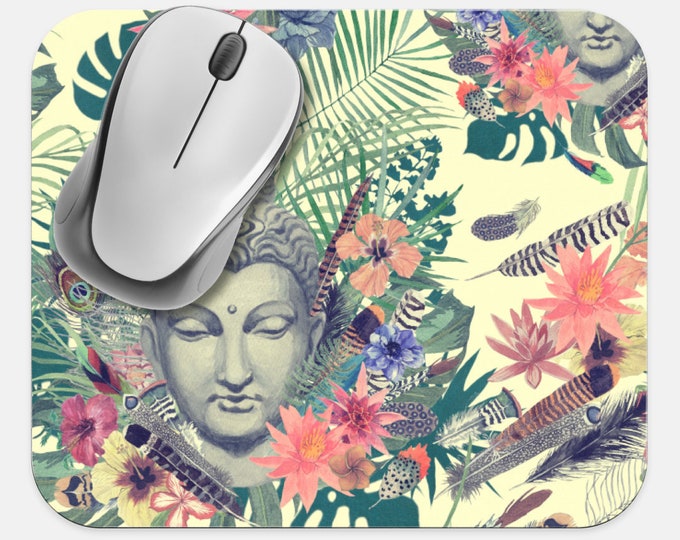 Buddha Mouse Pad, Floral Tropical Mouse Pad, Computer Accessories, Tech Desk Supplies, Boho Bohemian Hippie Mouse Pad, Neoprene Mouse Pad