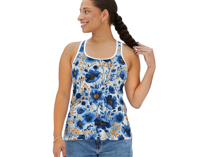 Women's Racerback Tank Top, Floral Tank Top, Silky Polyester Spandex Flowy Tank, Sporty Tank Top, Sizes S-2XL