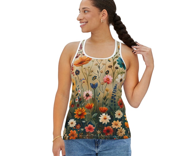 Women's Racerback Tank Top, Floral Tank Top, Silky Polyester Spandex Flowy Tank, Sporty Tank Top, Sizes S-2XL