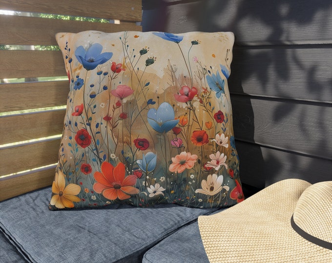 Boho Floral Print Outdoor Decorative Pillow, CHOOSE Your SIZE, UV Resistant Outdoor Pillow, Colorful Pillow Decor, Water Resistant Pillow