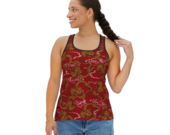 Women's Racerback Tank Top, Chinese Dragon Tank Top, Silky Polyester Spandex Flowy Tank, Sporty Tank Top, Sizes S-2XL