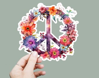 Floral Peace Sign Vinyl Decal, Satin Finish Boho Sticker, Laptop Sticker, Window Decal, Water Bottle Decal, 4 Sizes To Choose From