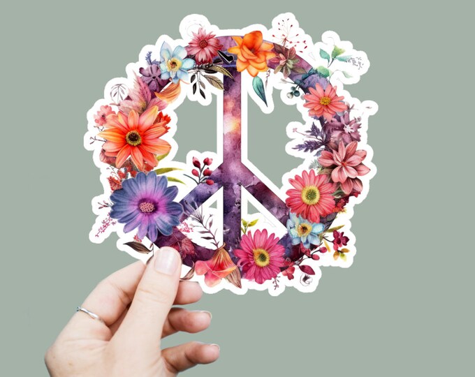 Floral Peace Sign Vinyl Decal, Satin Finish Boho Sticker, Laptop Sticker, Window Decal, Water Bottle Decal, 4 Sizes To Choose From