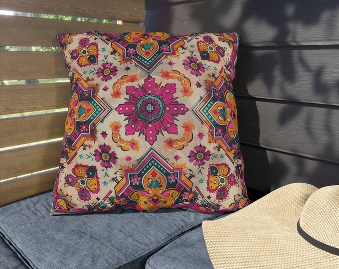 Boho Print Outdoor Decorative Pillow, CHOOSE Your SIZE, UV Resistant Outdoor Pillow, Colorful Pillow Decor, Water Resistant Pillow