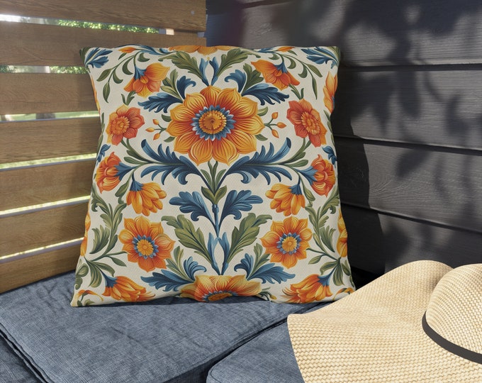 Boho Floral Print Outdoor Decorative Pillow, CHOOSE Your SIZE, UV Resistant Outdoor Pillow, Colorful Pillow Decor, Water Resistant Pillow