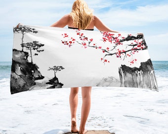 Large Beach Towel, 30 x 60 Inch Towel, Bath Towel, Japanese Tree Floral Towel, Custom Print Towel, Asian Art Designer Towel, Premium Towel