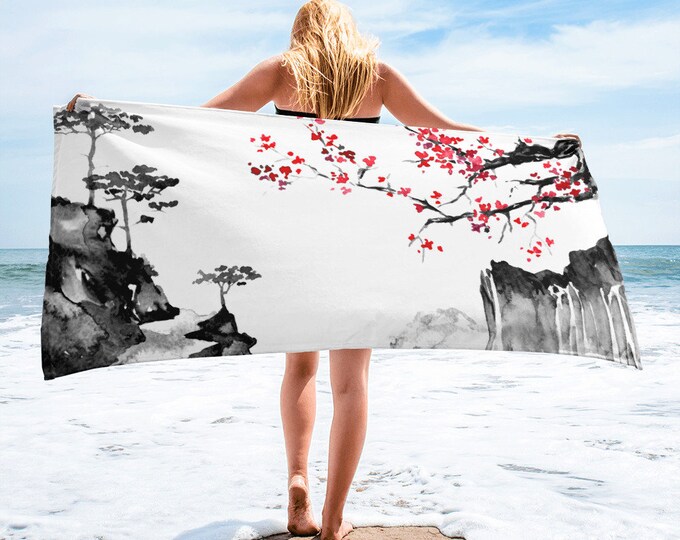 Large Beach Towel, 30 x 60 Inch Towel, Bath Towel, Japanese Tree Floral Towel, Custom Print Towel, Asian Art Designer Towel, Premium Towel