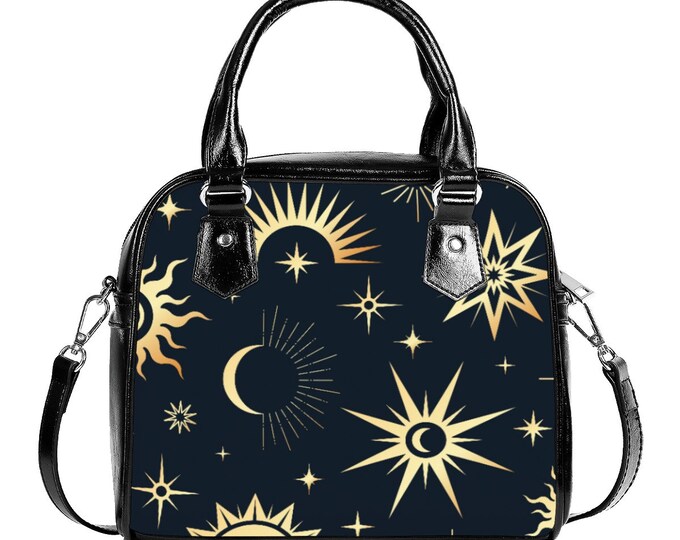 Celestial Handbag With Single Shoulder Strap, PU Vegan Leather Lined Handbag Purse, Sun Moon Stars Leather Purse, Womens Boho Accessories