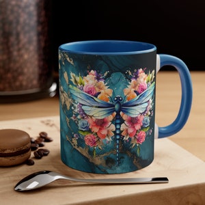 Ceramic Coffee Mug, 11oz Boho Coffee Cup, Dragonfly with Flowers Animal Drink Mug, Choose from 5 Colors!