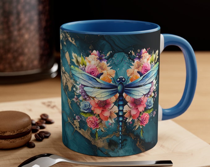 Ceramic Coffee Mug, 11oz Boho Coffee Cup, Dragonfly with Flowers Animal Drink Mug, Choose from 5 Colors!