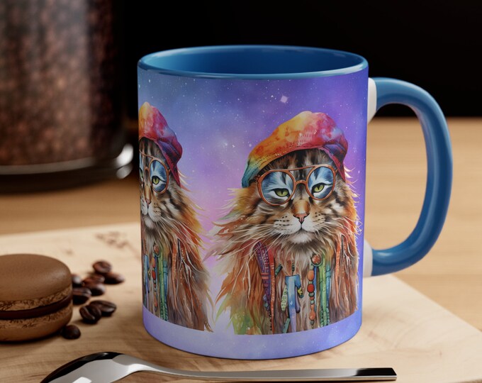 Ceramic Coffee Mug, 11oz Boho Coffee Cup, Hippie Galaxy Cat with Sunglasses Drink Mug, Choose from 5 Colors!