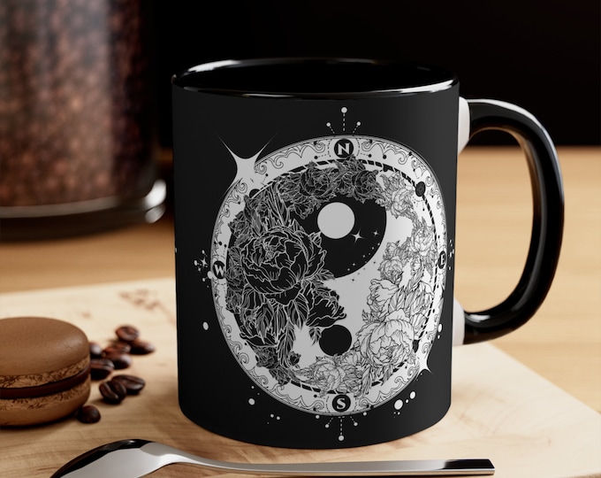 Ceramic Coffee Mug, 11oz Boho Coffee Cup, Floral Yin Yang Drink Mug, Choose from 5 Colors!