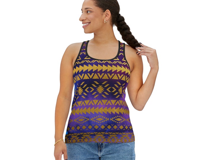 Women's Racerback Tank Top, Purple Gold Tribal Tank Top, Silky Polyester Spandex Flowy Tank, Sporty Tank Top, Sizes S-2XL