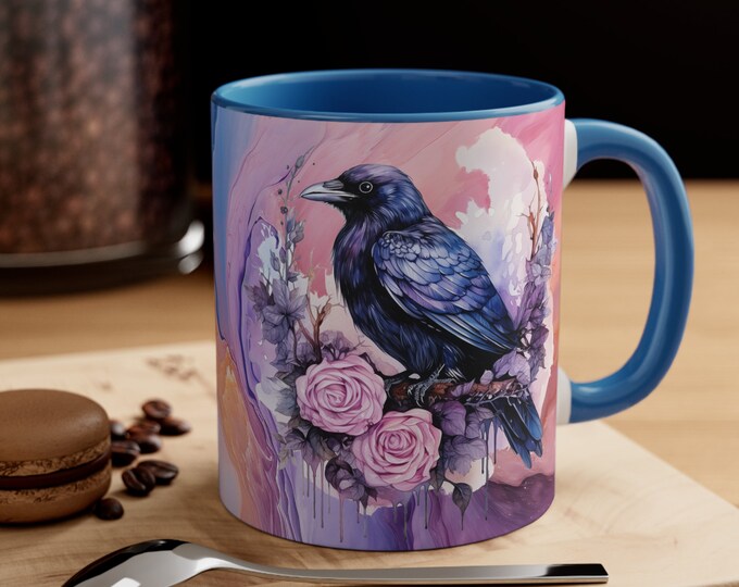Ceramic Coffee Mug, 11oz Boho Coffee Cup, Black Raven with Flowers Animal Drink Mug, Choose from 5 Colors!