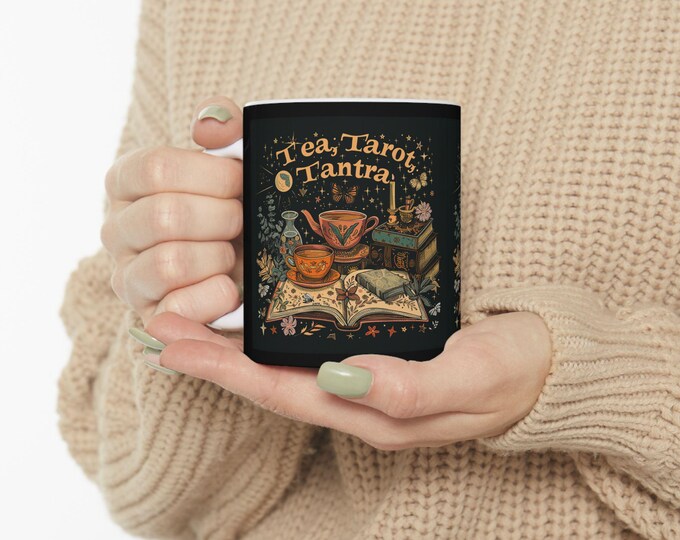 Tea Tarot Tantra Ceramic Coffee Mug, 11oz 15oz Boho Coffee Cup, Hippie Design Drink Mug, Tarot Cards Mug