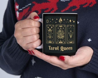 Tarot Queen Ceramic Coffee Mug, 11oz 15oz Boho Coffee Cup, Hippie Design Drink Mug, Tarot Cards Coffee Mug