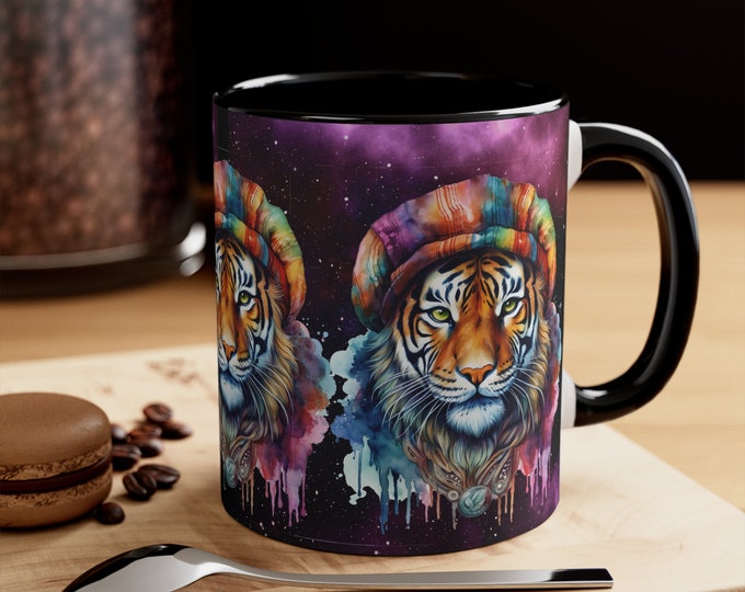 Ceramic Coffee Mug, 11oz Boho Coffee Cup, Hippie Tiger Animal Drink Mug, Choose from 5 Colors!