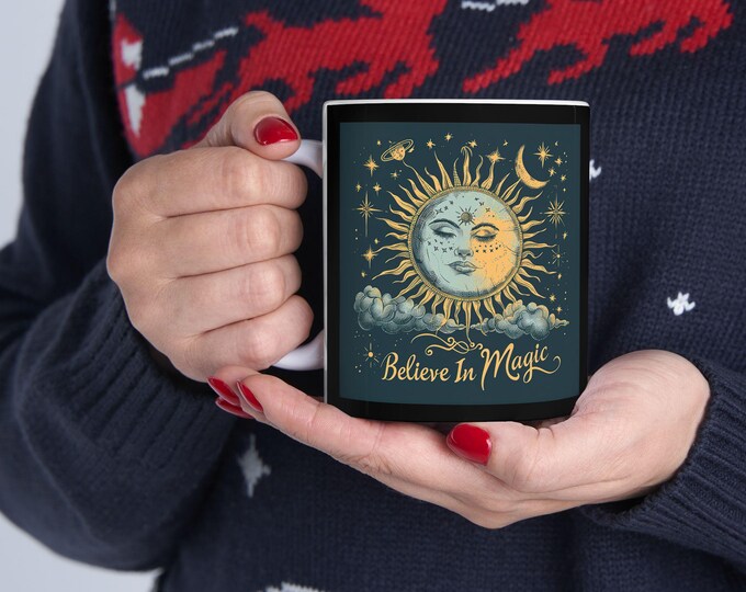 Believe in Magic Ceramic Coffee Mug, 11oz 15oz Boho Coffee Cup, Hippie Design Drink Mug, Psychic Celestial Mug