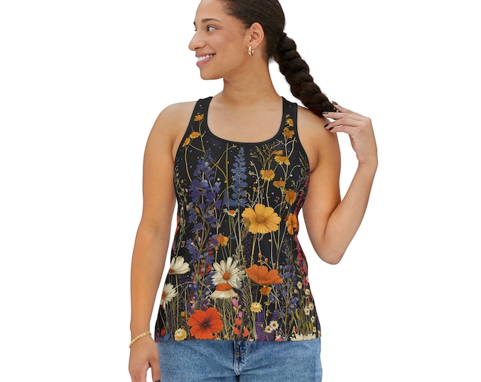 Women's Racerback Tank Top, Floral Tank Top, Silky Polyester Spandex Flowy Tank, Sporty Tank Top, Sizes S-2XL