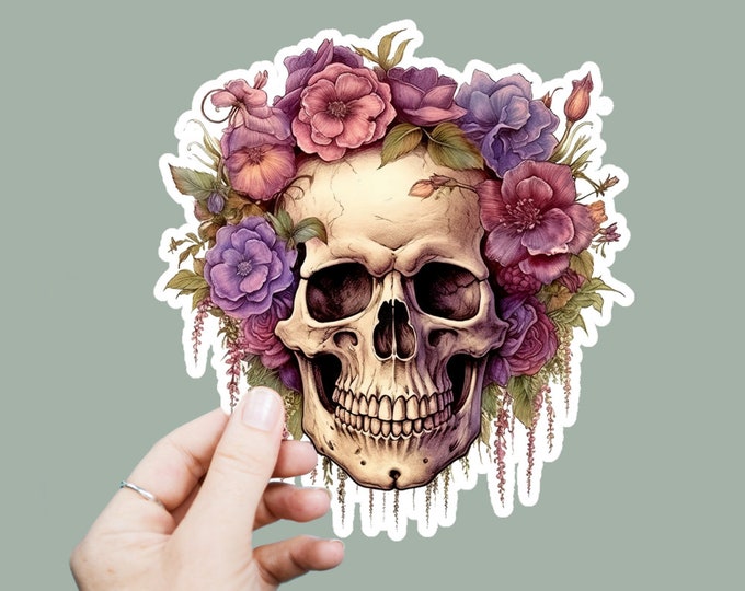 Floral Skull Vinyl Decal, Satin Finish Sticker, Floral Boho Skull Laptop Sticker, Window Decal, Water Bottle Decal, 4 Sizes to Choose