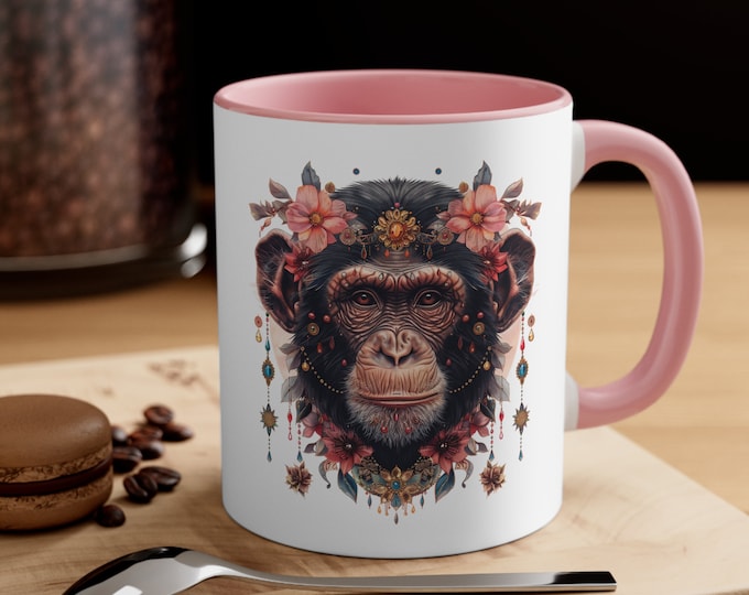 Ceramic Coffee Mug, 11oz Boho Coffee Cup, Monkey with Flowers Drink Mug, Choose from 5 Colors!