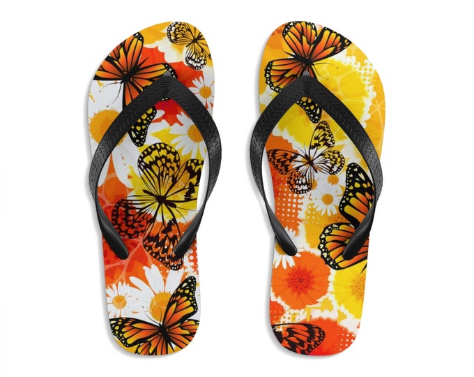 Unisex Flipflops, Butterflies Boho Print Sandals, Soft Summer Beach Flip Flops, Beach Shoes, Boho Hippie Flip Flop Shoes, Bohemian Footware