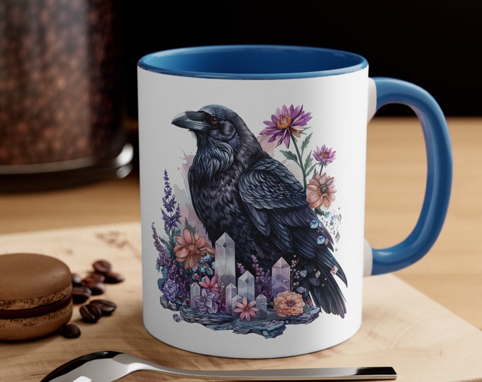 Ceramic Coffee Mug, 11oz Boho Coffee Cup, Raven with Flowers Drink Mug, Choose from 5 Colors!