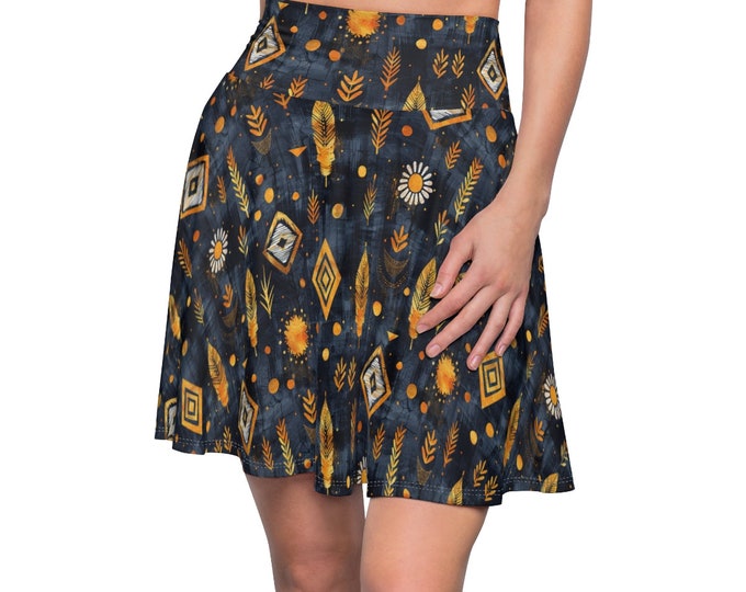 Women's Boho Skater Skirt, Polyester Spandex Stretchy Silky Boho Skirt, Flowy Hippie Skirt, XS-2XL