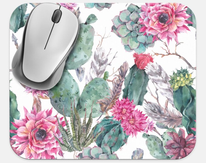 Floral Mouse Pad, Cactus Mouse Pad, Computer Accessories, Tech Desk Supplies, Boho Bohemian Hippie Mouse Pad, Neoprene Non Slip Mouse Pad