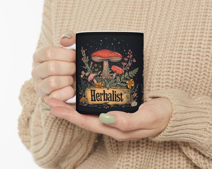 Herbalist Ceramic Coffee Mug, 11oz 15oz Boho Coffee Cup, Hippie Design Drink Mug, Botanicals Herbs Mug