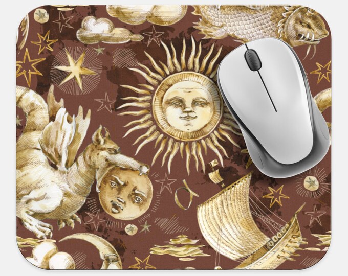 Celestial Mouse Pad, Moon Sun Stars Mouse Pad, Computer Accessories, Tech Desk Supplies, Boho Bohemian Hippie Mouse Pad, Neoprene Mouse Pad