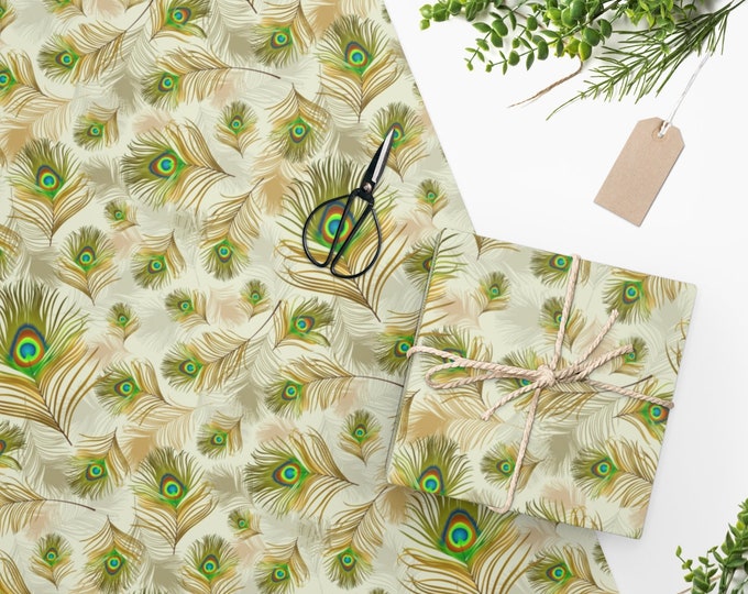 Peacock Feathers Wrapping Paper, Two Sizes, Sustainably Sourced, Party Supplies, Anniversary Birthday Gift Wrap, Boho Wrapping Paper